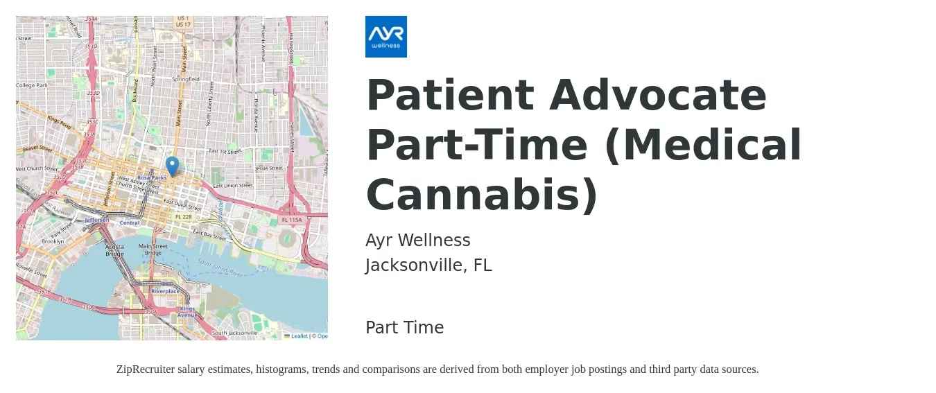 Ayr Wellness job posting for a Patient Advocate Part-Time (Medical Cannabis) in Jacksonville, FL with a salary of $16 to $21 Hourly with a map of Jacksonville location.
