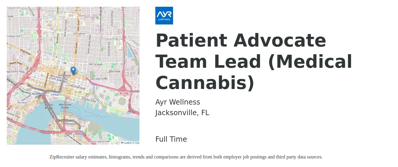 Ayr Wellness job posting for a Patient Advocate Team Lead (Medical Cannabis) in Jacksonville, FL with a salary of $16 to $21 Hourly with a map of Jacksonville location.