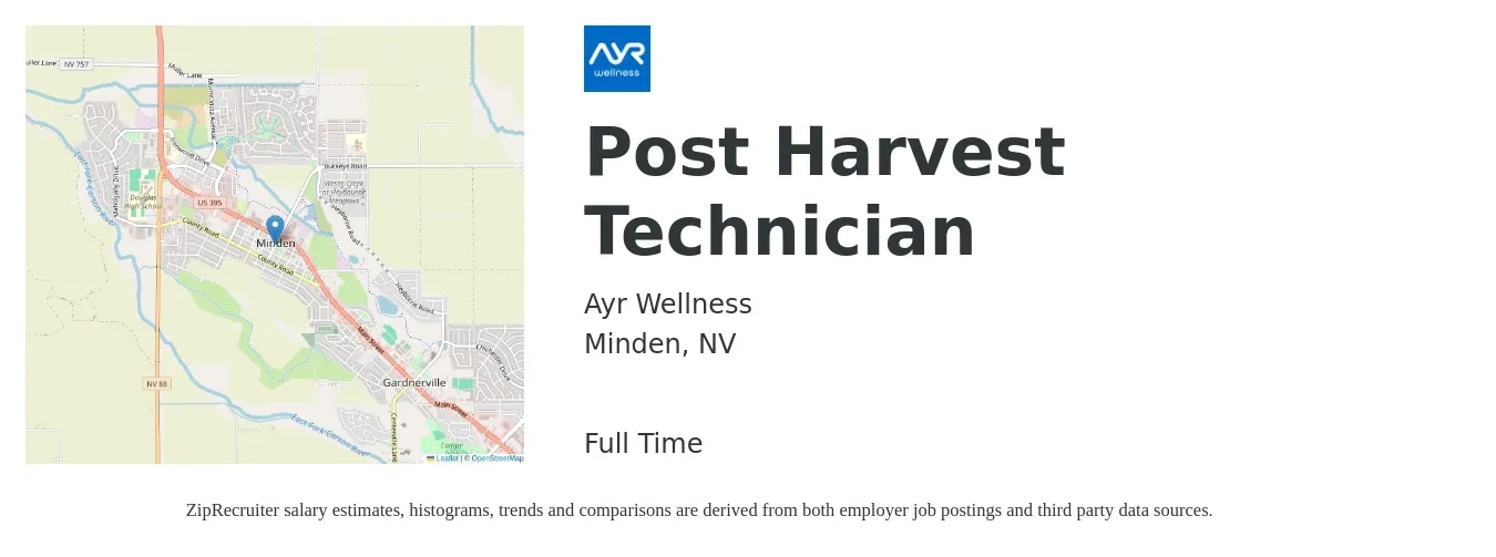 Ayr Wellness job posting for a Post Harvest Technician in Minden, NV with a map of Minden location.