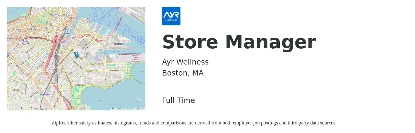 Ayr Wellness job posting for a Store Manager in Boston, MA with a salary of $45,100 to $70,100 Yearly with a map of Boston location.