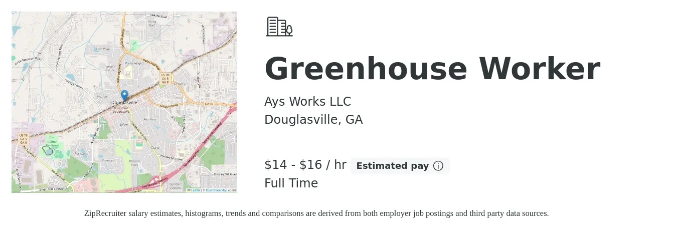 Ays Works LLC job posting for a Greenhouse Worker in Douglasville, GA with a salary of $15 to $17 Hourly and benefits including pto with a map of Douglasville location.