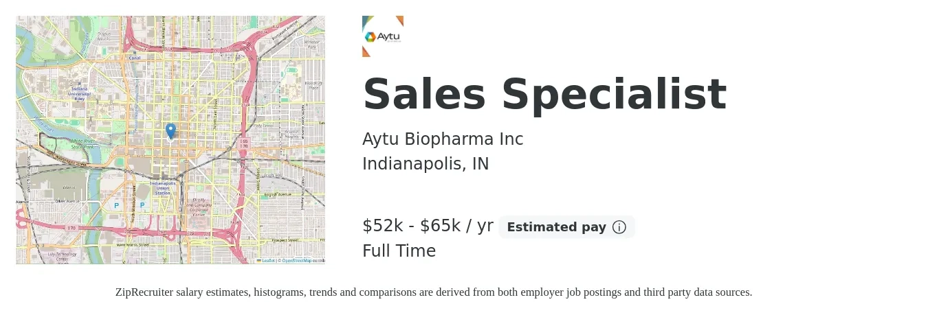 Aytu Biopharma Inc job posting for a Sales Specialist in Indianapolis, IN with a salary of $52,500 to $65,000 Yearly with a map of Indianapolis location.