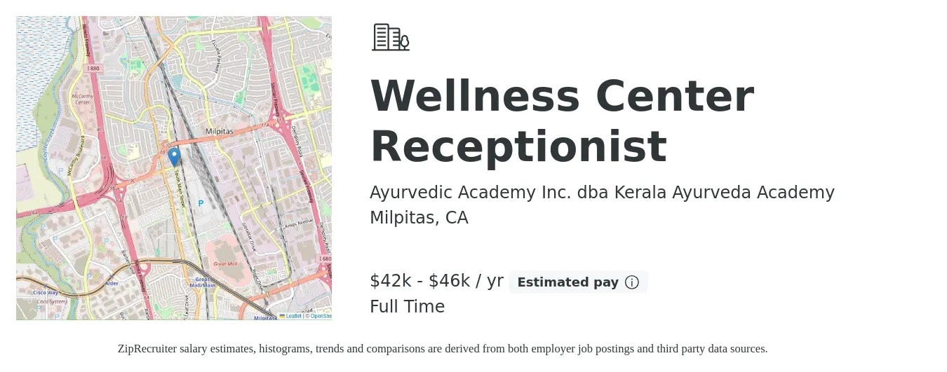 Ayurvedic Academy Inc. dba Kerala Ayurveda Academy job posting for a Wellness Center Receptionist in Milpitas, CA with a salary of $42,000 to $46,000 Yearly with a map of Milpitas location.