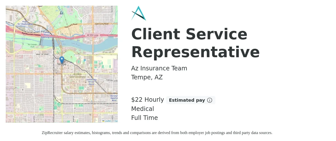 Az Insurance Team job posting for a Client Service Representative in Tempe, AZ with a salary of $23 Hourly and benefits including medical, pto, and retirement with a map of Tempe location.