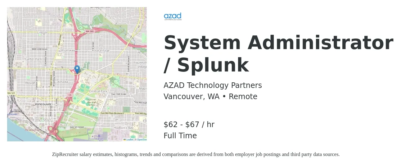 AZAD Technology Partners job posting for a System Administrator / Splunk in Vancouver, WA with a salary of $61 to $66 Hourly with a map of Vancouver location.