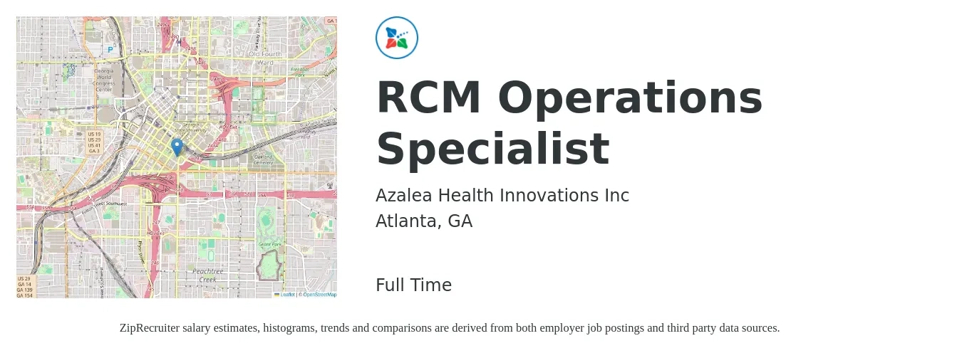 Azalea Health Innovations Inc job posting for a RCM Operations Specialist in Atlanta, GA with a salary of $48,100 to $79,800 Yearly with a map of Atlanta location.