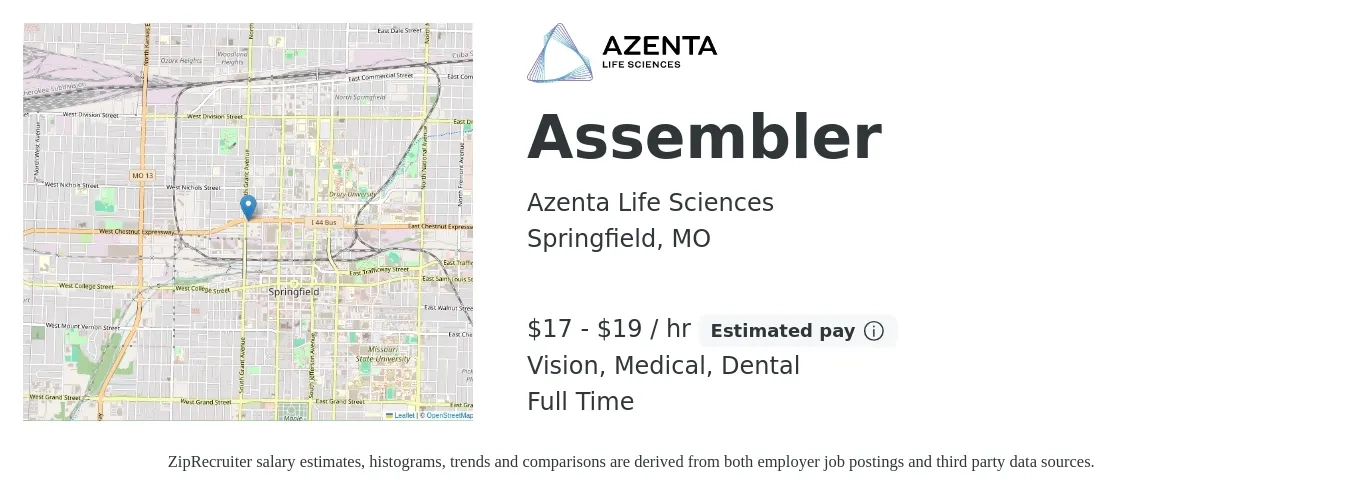 Azenta Life Sciences job posting for a Assembler in Springfield, MO with a salary of $18 to $19 Hourly and benefits including retirement, vision, dental, life_insurance, and medical with a map of Springfield location.