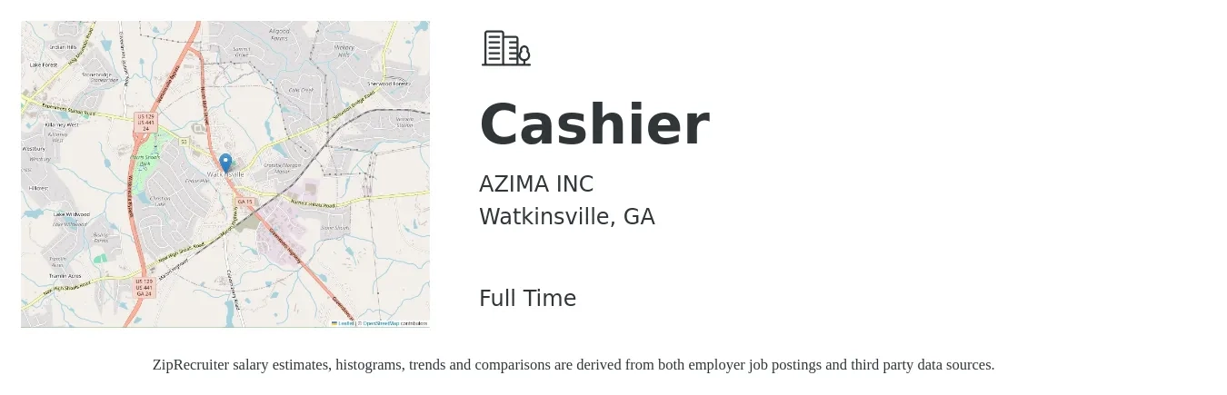 AZIMA INC job posting for a Cashier in Watkinsville, GA with a salary of $10 to $14 Hourly with a map of Watkinsville location.