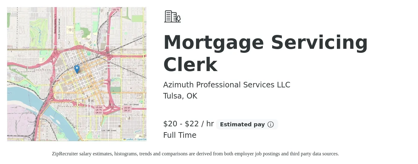 Azimuth Professional Services LLC job posting for a Mortgage Servicing Clerk in Tulsa, OK with a salary of $21 to $24 Hourly with a map of Tulsa location.