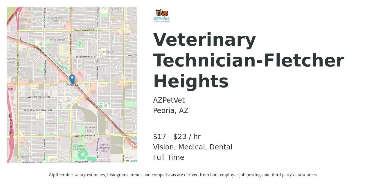 AZPetVet job posting for a Veterinary Technician-Fletcher Heights in Peoria, AZ with a salary of $18 to $24 Hourly and benefits including vision, dental, life_insurance, medical, and retirement with a map of Peoria location.