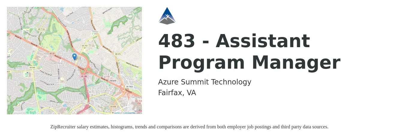 Azure Summit Technology job posting for a 483 - Assistant Program Manager in Fairfax, VA with a salary of $43,000 to $81,900 Yearly with a map of Fairfax location.