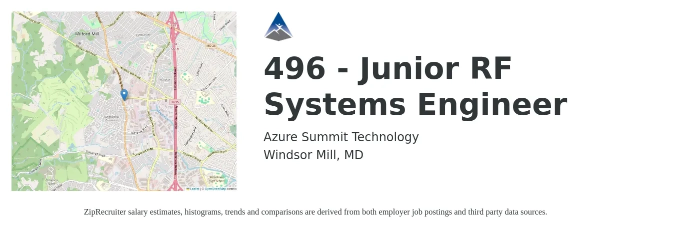 Azure Summit Technology job posting for a 496 - Junior RF Systems Engineer in Windsor Mill, MD with a salary of $63,500 to $88,900 Yearly with a map of Windsor Mill location.