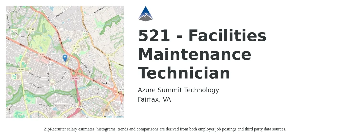 Azure Summit Technology job posting for a 521 - Facilities Maintenance Technician in Fairfax, VA with a salary of $20 to $27 Hourly with a map of Fairfax location.