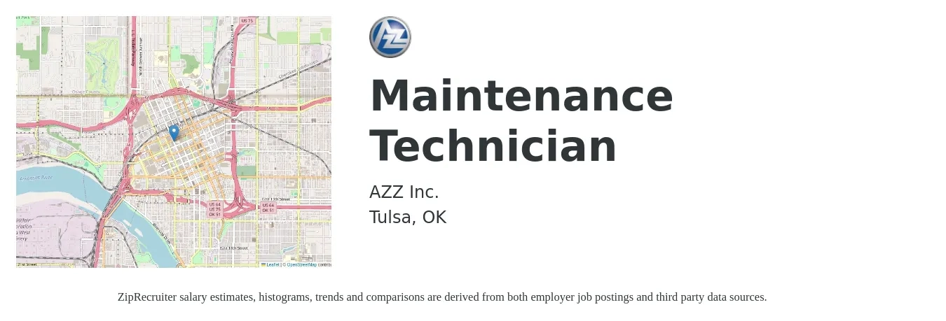 AZZ Inc. job posting for a Maintenance Technician in Tulsa, OK with a salary of $17 to $24 Hourly with a map of Tulsa location.