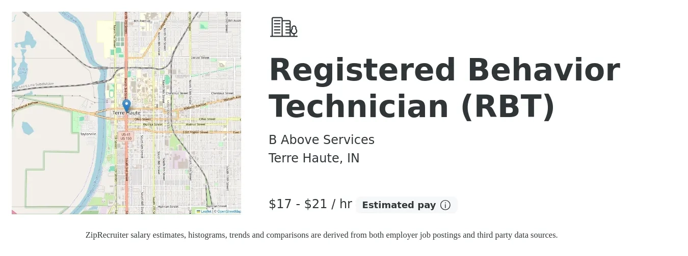 B Above Services job posting for a Registered Behavior Technician (RBT) in Terre Haute, IN with a salary of $18 to $22 Hourly with a map of Terre Haute location.
