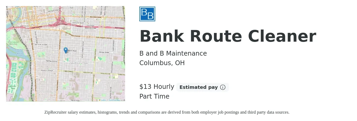 B and B Maintenance job posting for a Bank Route Cleaner in Columbus, OH with a salary of $14 Hourly with a map of Columbus location.