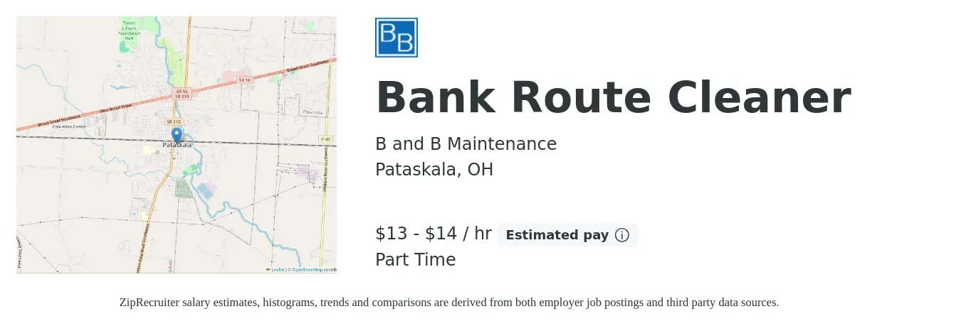 B and B Maintenance job posting for a Bank Route Cleaner in Pataskala, OH with a salary of $14 to $15 Hourly with a map of Pataskala location.