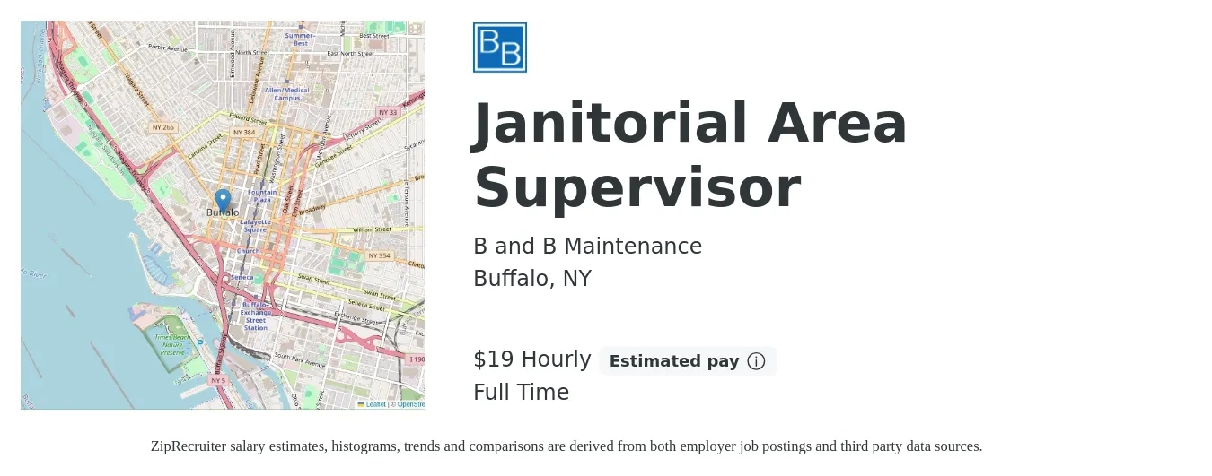B and B Maintenance job posting for a Janitorial Area Supervisor in Buffalo, NY with a salary of $20 Hourly with a map of Buffalo location.