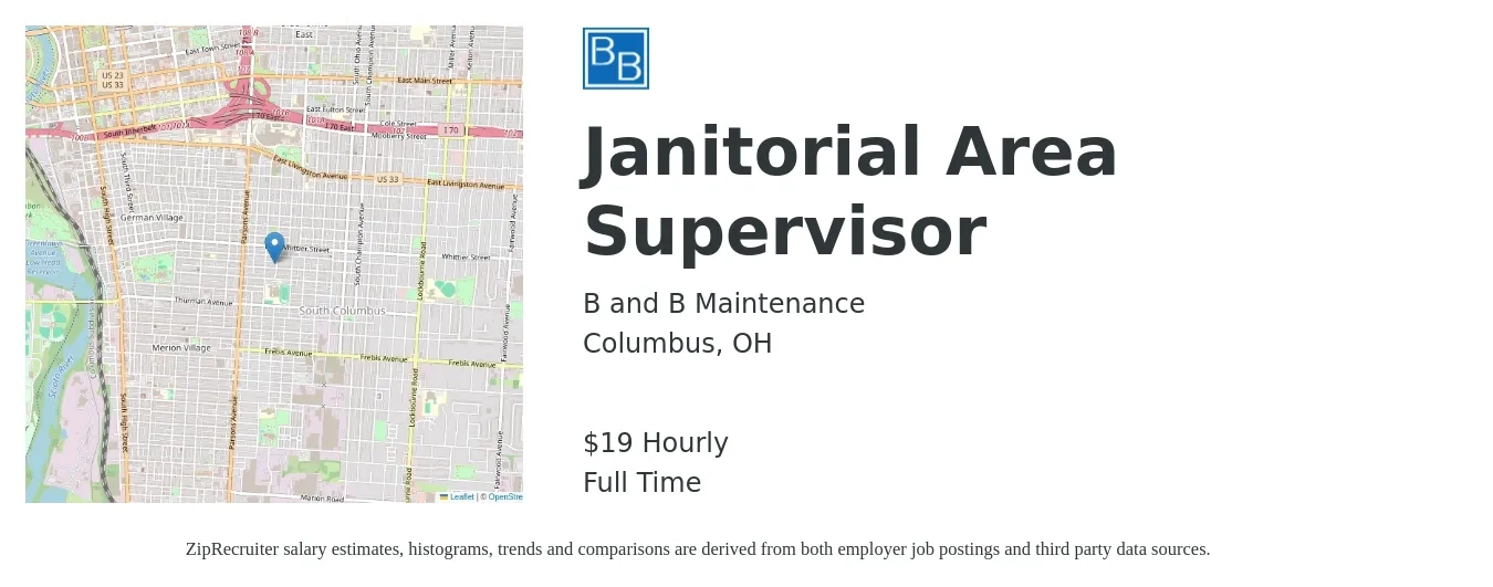 B and B Maintenance job posting for a Janitorial Area Supervisor in Columbus, OH with a salary of $20 Hourly with a map of Columbus location.