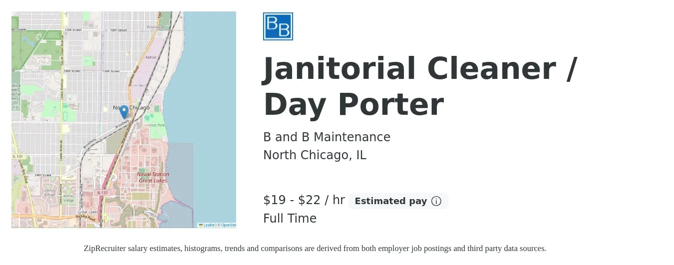 B and B Maintenance job posting for a Janitorial Cleaner / Day Porter in North Chicago, IL with a salary of $20 to $23 Hourly with a map of North Chicago location.
