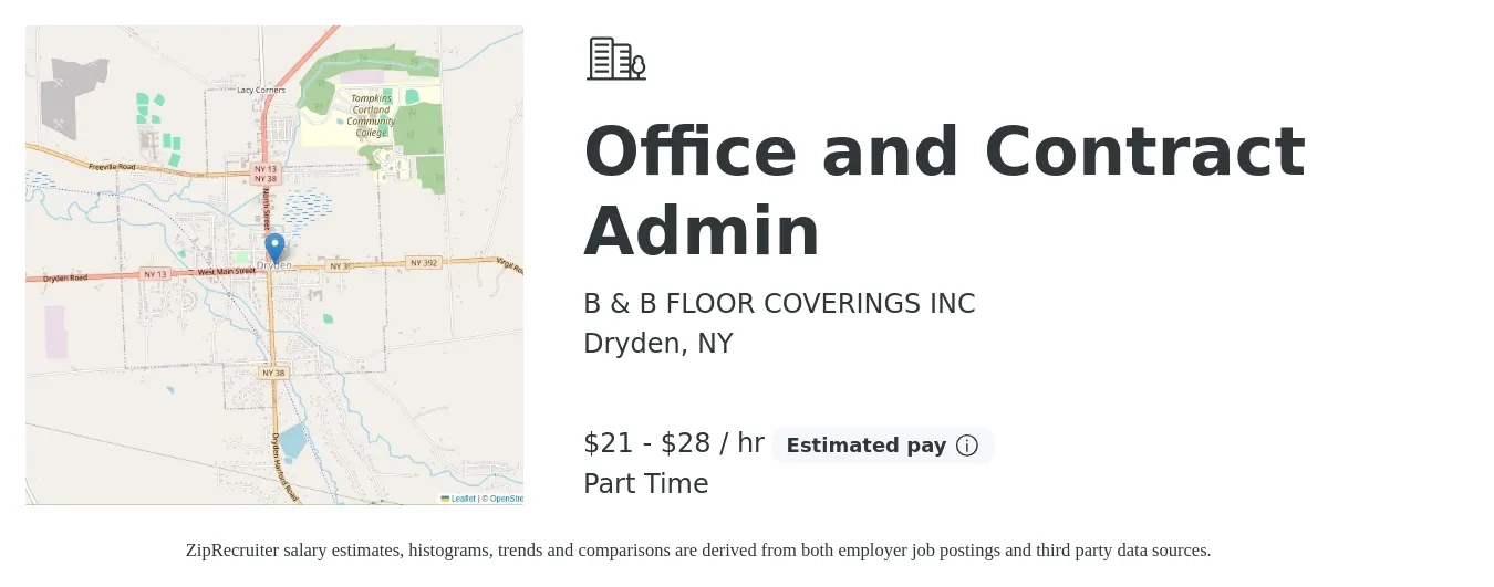 B & B FLOOR COVERINGS INC job posting for a Office and Contract Admin in Dryden, NY with a salary of $22 to $30 Hourly with a map of Dryden location.