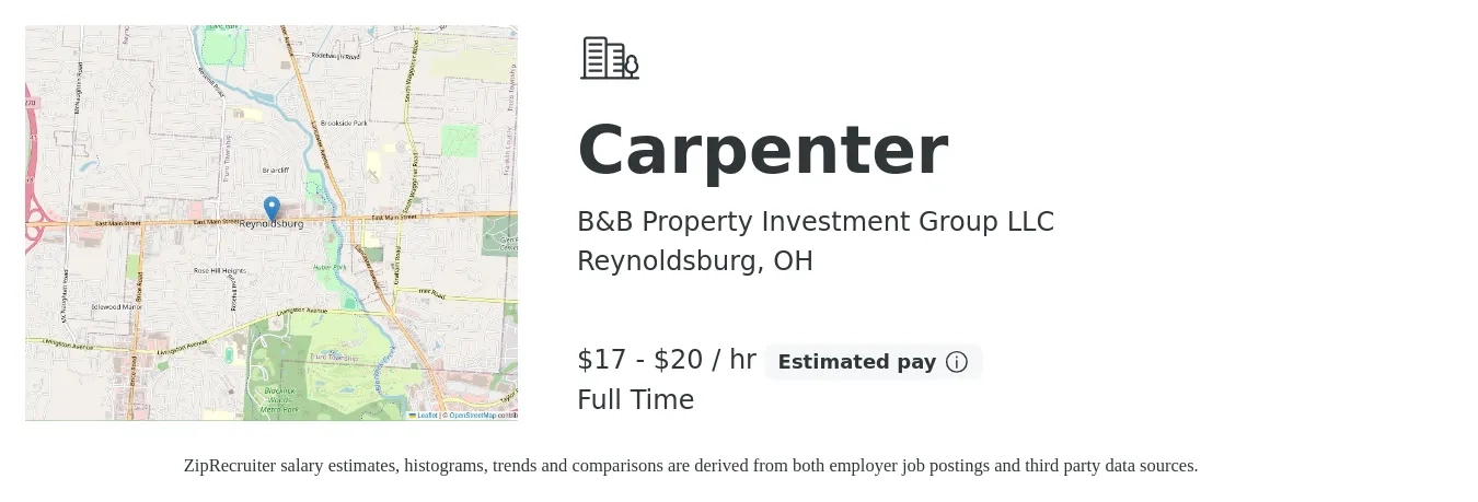 B&B Property Investment Group LLC job posting for a Carpenter in Reynoldsburg, OH with a salary of $18 to $21 Hourly with a map of Reynoldsburg location.