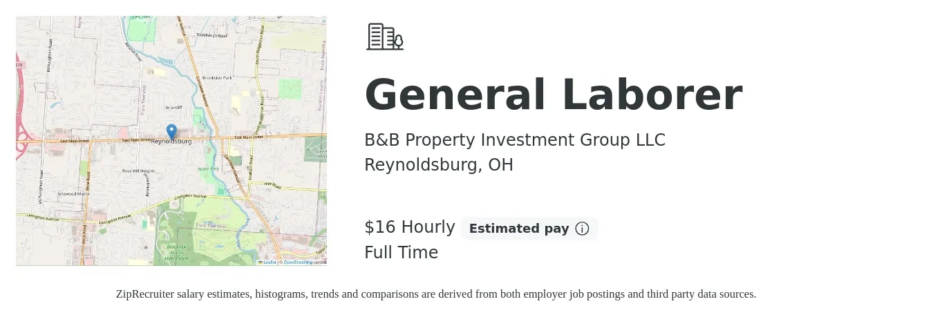 B&B Property Investment Group LLC job posting for a General Laborer in Reynoldsburg, OH with a salary of $17 Hourly with a map of Reynoldsburg location.