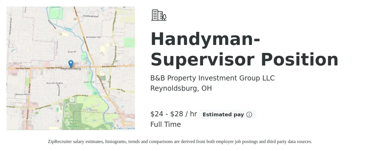B&B Property Investment Group LLC job posting for a Handyman-Supervisor Position in Reynoldsburg, OH with a salary of $25 to $30 Hourly with a map of Reynoldsburg location.