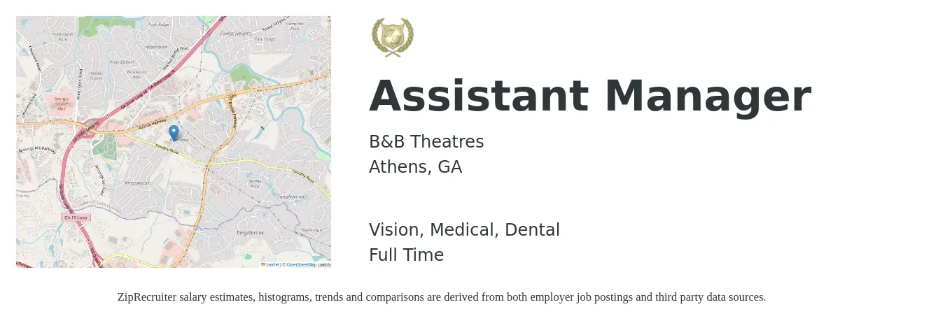 B&B Theatres job posting for a Assistant Manager in Athens, GA and benefits including medical, vision, dental, and life_insurance with a map of Athens location.