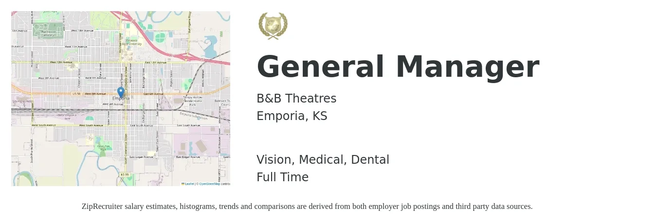 B&B Theatres job posting for a General Manager in Emporia, KS with a salary of $41,200 to $61,600 Yearly and benefits including dental, life_insurance, medical, retirement, and vision with a map of Emporia location.