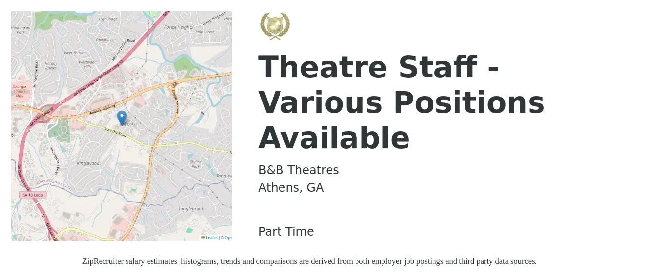 B&B Theatres job posting for a Theatre Staff - Various Positions Available in Athens, GA with a salary of $12 to $16 Hourly with a map of Athens location.