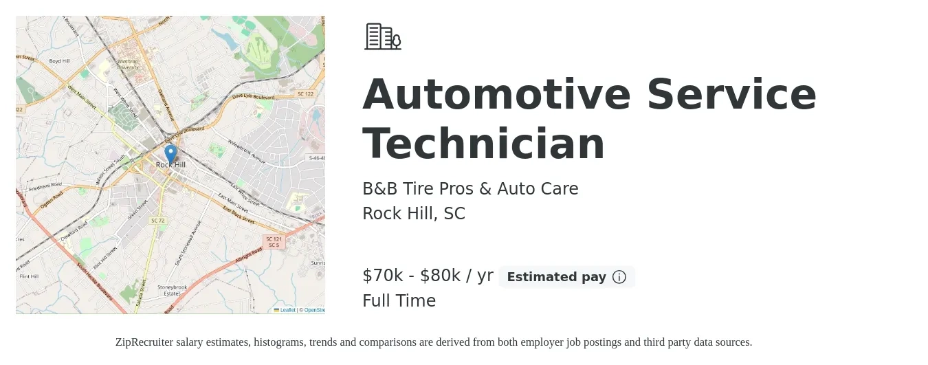 B&B Tire Pros & Auto Care job posting for a Automotive Service Technician in Rock Hill, SC with a salary of $70,000 to $80,000 Yearly with a map of Rock Hill location.