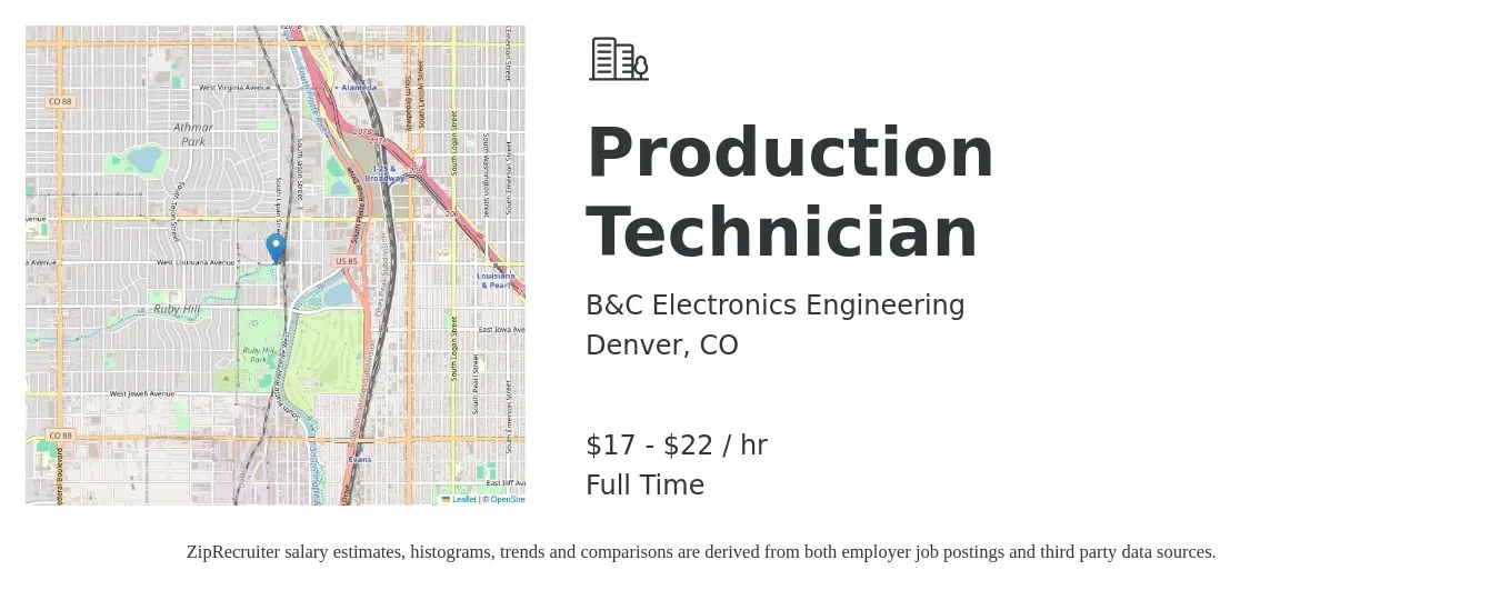 B&C Electronics Engineering job posting for a Production Technician in Denver, CO with a salary of $18 to $23 Hourly with a map of Denver location.