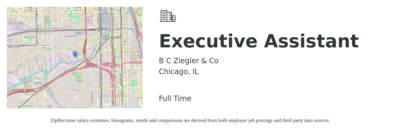 B C Ziegler & Co job posting for a Executive Assistant in Chicago, IL with a salary of $51,500 to $77,300 Yearly with a map of Chicago location.