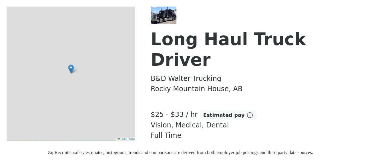 B&D Walter Trucking job posting for a Long Haul Truck Driver in Rocky Mountain House, AB with a salary of $26 to $35 Hourly and benefits including vision, dental, and medical with a map of Rocky Mountain House location.