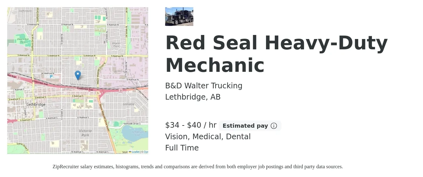 B&D Walter Trucking job posting for a Red Seal Heavy-Duty Mechanic in Lethbridge, AB with a salary of $36 to $42 Hourly and benefits including dental, medical, and vision with a map of Lethbridge location.