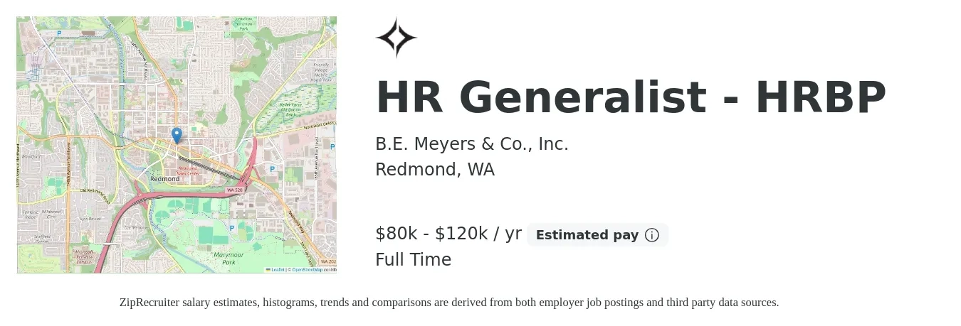 B.E. Meyers job posting for a HR Generalist - HRBP in Redmond, WA with a salary of $58,200 to $82,900 Yearly with a map of Redmond location.
