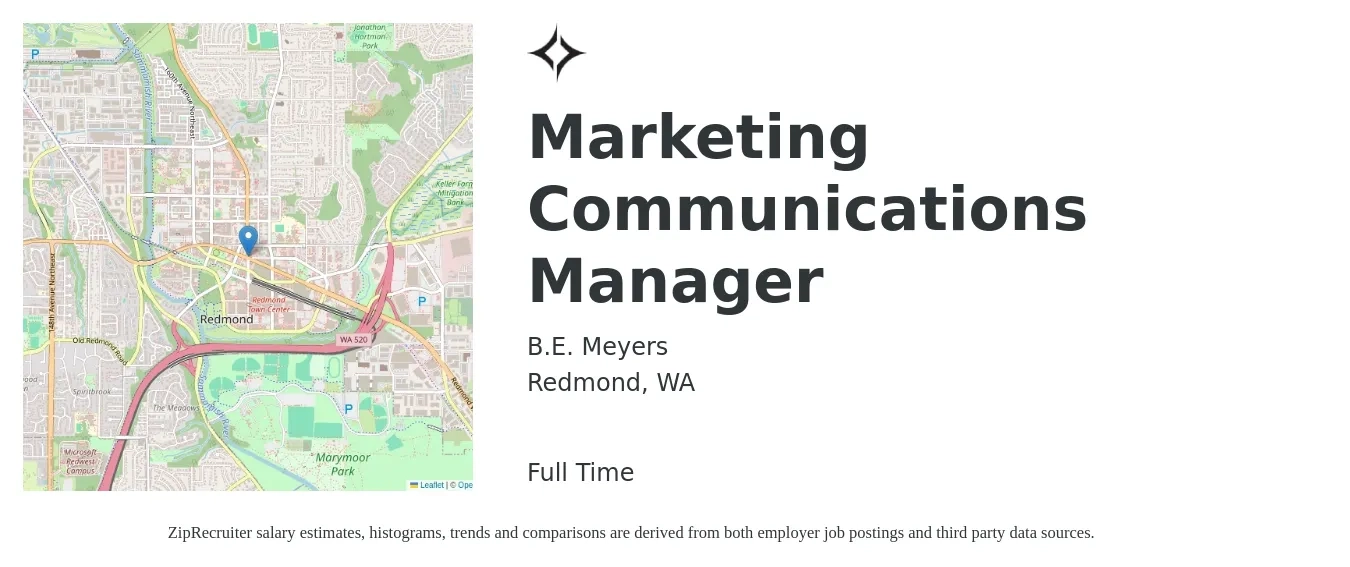 B.E. Meyers job posting for a Marketing Communications Manager in Redmond, WA with a salary of $85,000 to $125,000 Yearly with a map of Redmond location.