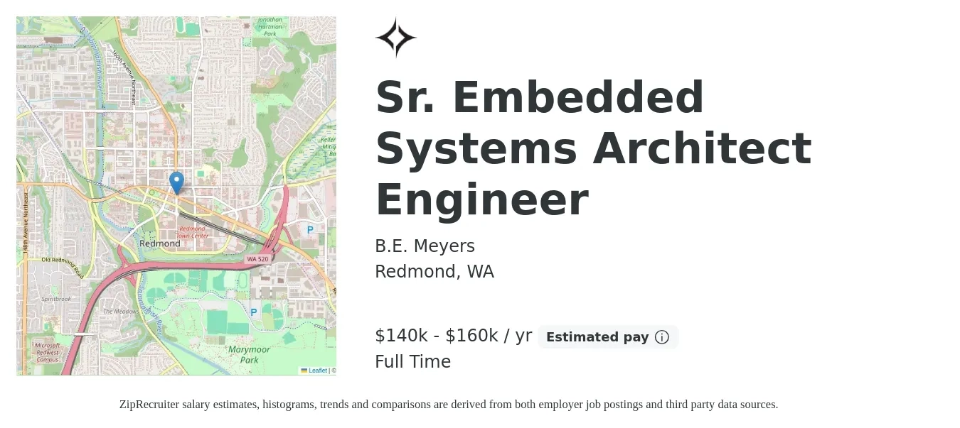 B.E. Meyers job posting for a Sr. Embedded Systems Architect Engineer in Redmond, WA with a salary of $140,000 to $160,000 Yearly with a map of Redmond location.