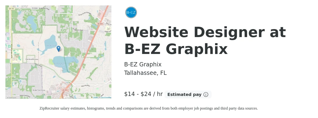 B-EZ Graphix job posting for a Website Designer at B-EZ Graphix in Tallahassee, FL with a salary of $15 to $25 Hourly with a map of Tallahassee location.