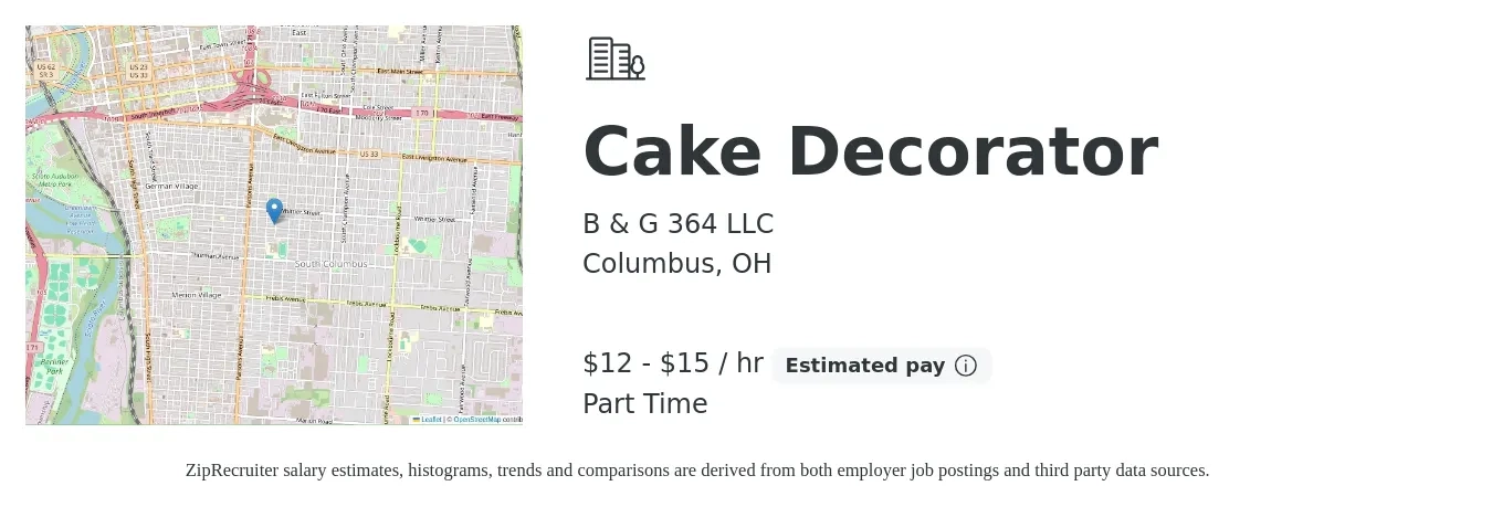 B & G 364 LLC job posting for a Cake Decorator in Columbus, OH with a salary of $13 to $16 Hourly with a map of Columbus location.