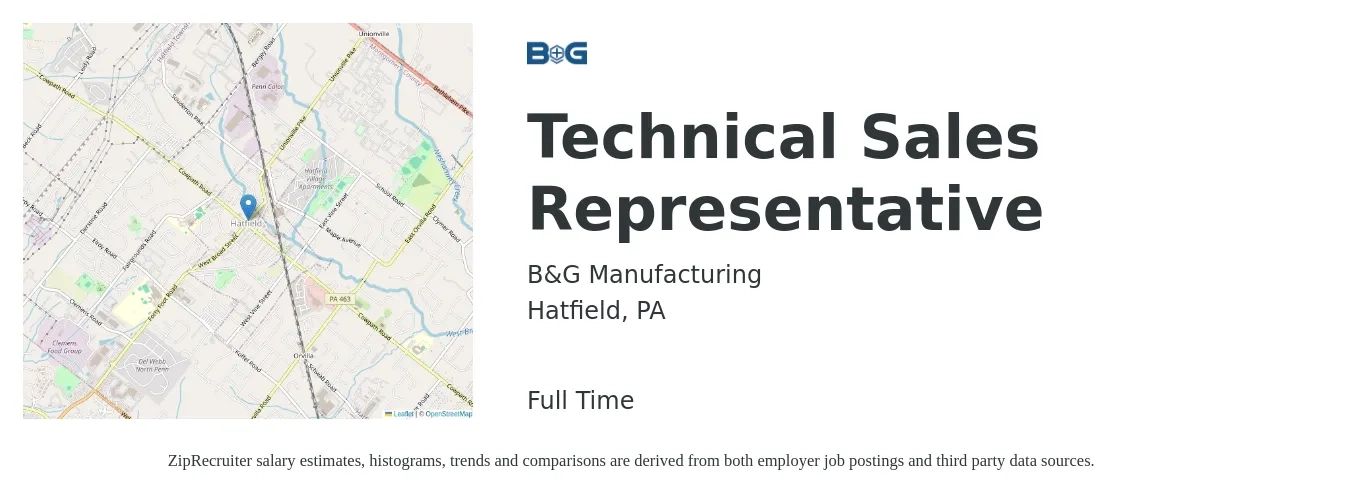 B&G Manufacturing job posting for a Technical Sales Representative in Hatfield, PA with a salary of $63,600 to $91,400 Yearly with a map of Hatfield location.