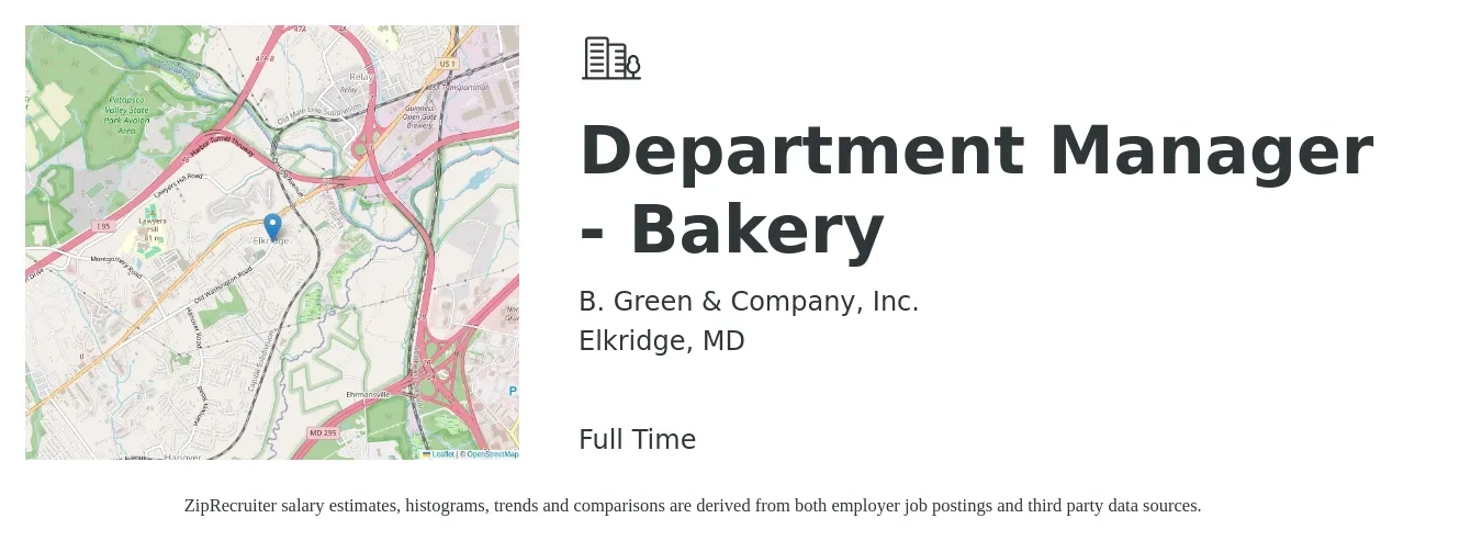 B. Green & Company, Inc. job posting for a Department Manager - Bakery in Elkridge, MD with a salary of $18 to $24 Hourly with a map of Elkridge location.