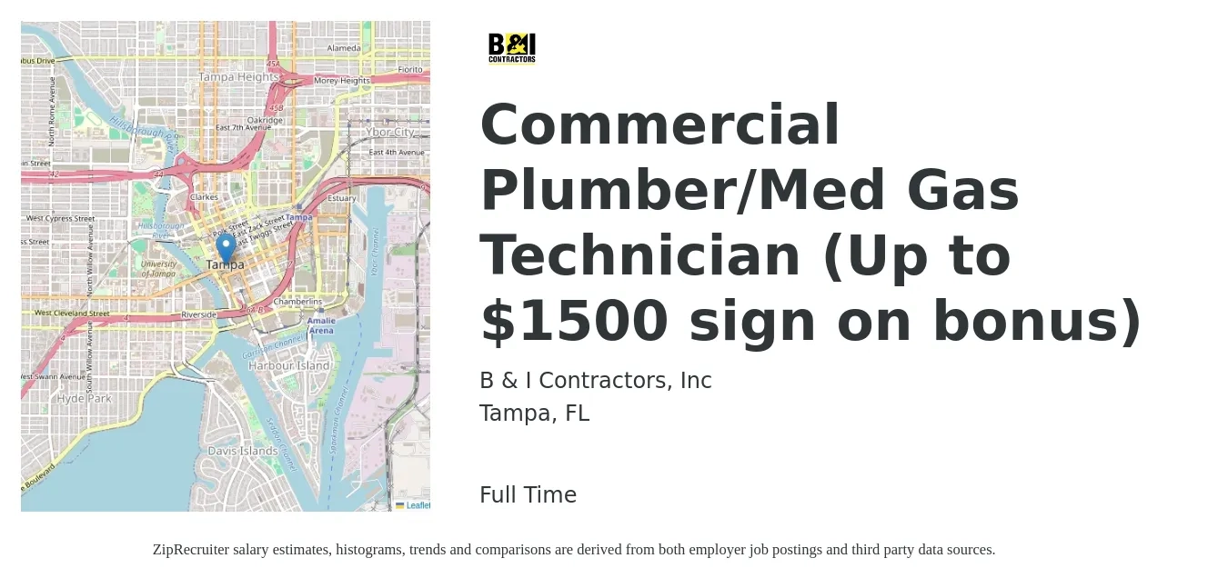 B & I Contractors, Inc job posting for a Commercial Plumber/Med Gas Technician (Up to $1500 sign on bonus) in Tampa, FL with a salary of $24 to $31 Hourly with a map of Tampa location.