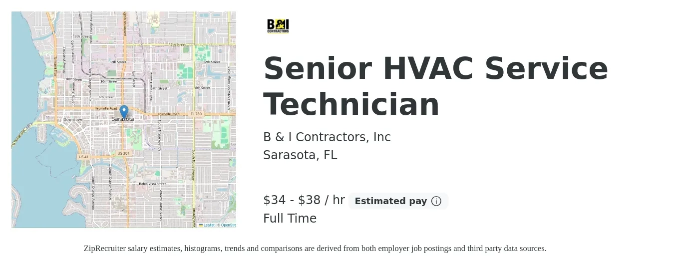 B & I Contractors, Inc job posting for a Senior HVAC Service Technician in Sarasota, FL with a salary of $21 to $34 Hourly with a map of Sarasota location.