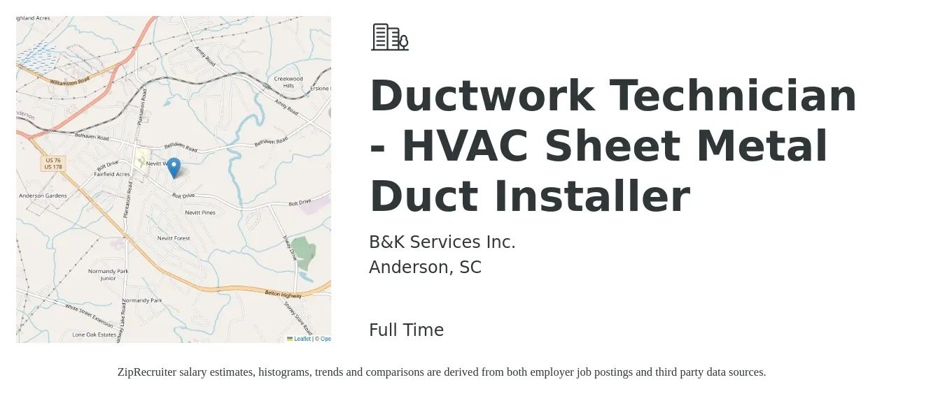 B&K Services Inc. job posting for a Ductwork Technician - HVAC Sheet Metal Duct Installer in Anderson, SC with a salary of $19 to $28 Hourly with a map of Anderson location.