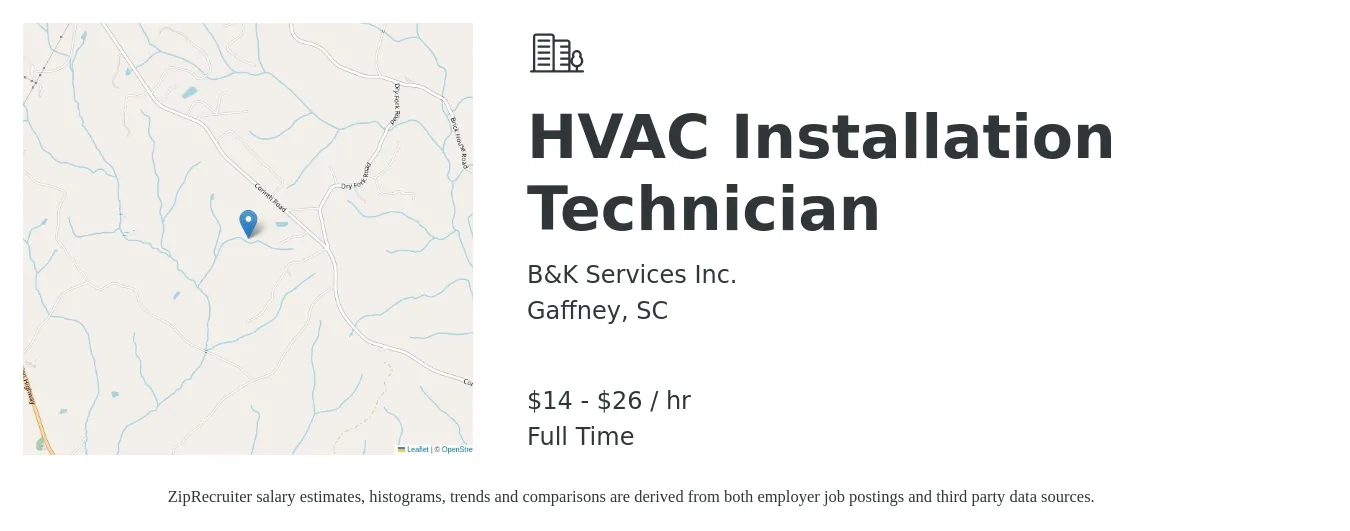 B&K Services Inc. job posting for a HVAC Installation Technician in Gaffney, SC with a salary of $15 to $28 Hourly with a map of Gaffney location.