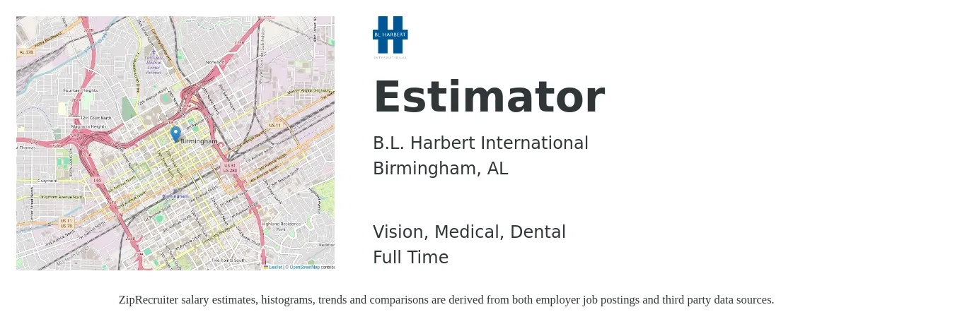 B.L. Harbert International job posting for a Estimator in Birmingham, AL with a salary of $58,100 to $92,800 Yearly with a map of Birmingham location.