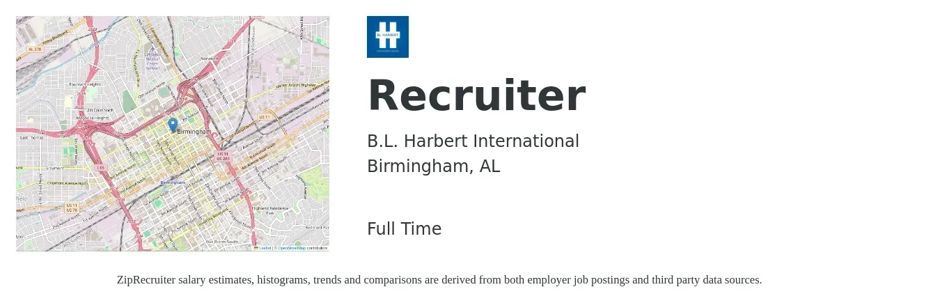 B.L. Harbert International, LLC job posting for a Recruiter in Birmingham, AL with a salary of $20 to $31 Hourly and benefits including life_insurance, medical, pto, retirement, vision, and dental with a map of Birmingham location.