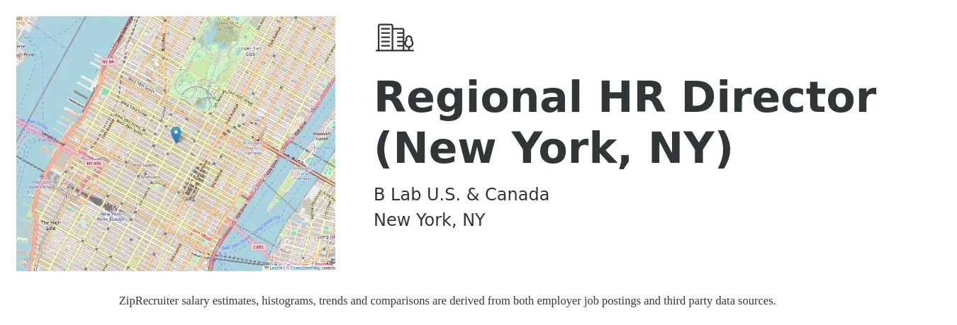 B Lab U.S. & Canada job posting for a Regional HR Director (New York, NY) in New York, NY with a salary of $74,400 to $125,800 Yearly with a map of New York location.